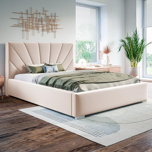 MOTIVENA Sisi Polsterbett 120x200 mit Bettkasten, Bett 120x200 mit Lattenrost, Bett 120x200 mit Stauraum, Stauraumbett 120x200, mit Kopfteil, ohne Matratze, Samt, Beige (Creme)