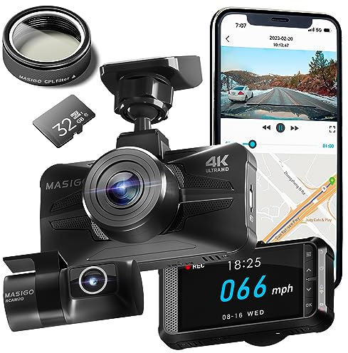 MASIGO A340D Dashcam Auto 4K/2.5K, Vorne and Hinten Kabellos, Inklusive CPL Filter, 5GHz WiFi GPS, 32GB SD, 3 IPS, Loop-Aufnahme, G-Sensor, HDR Nachtsicht, Parküberwachung, 512GB max.
