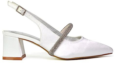 ESSEX GLAM Womens Low Heel Bridal Shoes Ladies Pull On Slingback Diamante Strap White Wedding Party Pointed Toe Courts Pumps Size 6