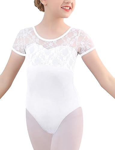 SEAUR Vestido de ballet para niña, de encaje, algodón, manga corta, con falda de gasa, traje de ballet para niños, 100-170 cm, Maillot - Blanco, 130(110-120cm)