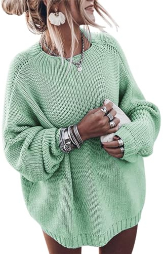ORANDESIGNE Pull Femme Hiver Chaud Chic et Elegant Large Grosse Maille Ajourée Tricotée Pull-Over Sweatshirt Pull Chandail Manches Longues Décontractée Ample Knitted Sweater Vert S