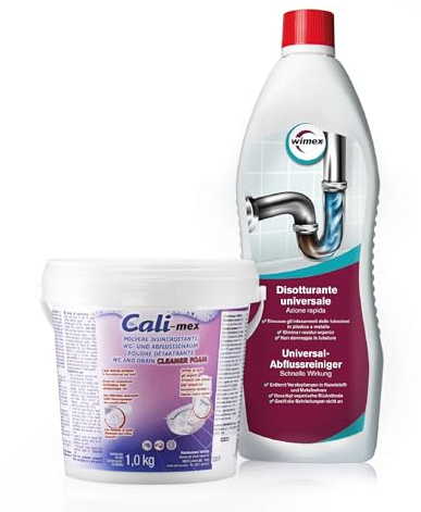 Cali-mex - Kit per Pulizia e Manutenzione degli Scarichi Adatto per Sifoni e Tubazioni di Bagno e Cucina Cali-mex Schiuma (1 kg) + Disotturante rapido (1 Litro)