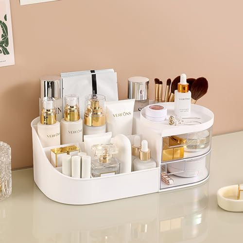 White Makeup Organiser with Drawer, Multifunctional Cosmetic Storage Box, Large Cosmetic Brush Holder, Skincare Organiser for Office, Vanity, Bathroom and Bedroom Desk