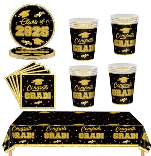 53Pcs Black Gold Graduation Tableware Kit for 16 Guest,2026 Graduate Paper Tableware 16 Plates,16 Paper Cups 20 Napkin and Tablecloth in Black Gold Graduation Dinnerware Set for Grad Party Decoration