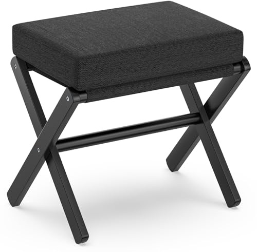 BAMBOOHOMIE Foldable Foot Stool Ottoman, Small Padded Foot Rest with Bamboo X-Legs, Portable Folding Leg Rest for Living Room Bedroom Office, Soft Foam Cushion Step Stool for Couch & Armchair (Black)