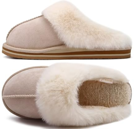 KuaiLu Zapatillas Casa Mujer Invierno Sin seguimiento Caliente Peluche Piel Pantuflas Comoda Peludas Memory Foam Slippers Antideslizante Goma Suela Beis 41