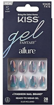 KISS Gel Fantasy Allure Press-On-Nägel, Change Chance', Silberne kurze ovale Coffin-Form, sofort tragfertige Gelnägel, 28 Nägel zum Aufkleben DIY, 2g Nagelkleber, 1 Maniküre-Stäbchen, 1 Mini-Feile