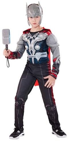 Yearsahrk 4-Teilig Superhelden Kostüm Kinder Muskelanzug Deluxe Set Maske Superhelden Overall Umhang Hammer Karneval Halloween Kostüm Cosplay Requisiten