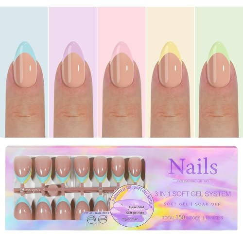 GZMAYUEN Pastell Press on Nails Almond, Pastell Blau Lila Rosa Gelb Grün French Künstliche Fingernägel zum Aufkleben, Full Cover Fingernägel Fake Nägel Tips 150 Stück 15 Größe