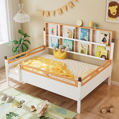 MQLAE Kinderbett 140x200 mit Rausfallschutz, Kleinkindbetten Babybett Tagesbett Doppelbett, Mit Offenes Bücherregal, Kinder Bett aus Kiefer massivholz für Kinderzimmer, Weiß+Natur