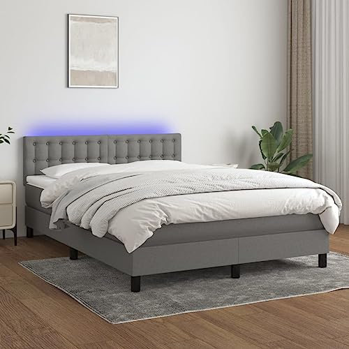 KOIECETA Boxspringbett mit Matratze LED Doppelbett Polsterbett Bett Bettrahmen Bettgestell Lattenrost Schlafzimmerbett Hotelbett Dunkelgrau 140x200 cm Stoff