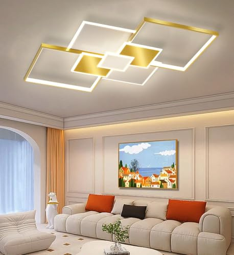 Lxysy Moderne LED Deckenleuchte Gold + Weiß Rechteckige Design Deckenleuchte Dimmbare Deckenleuchte Wohnzimmer Deckenleuchte mit Fernbedienung Schwarz + Weiß Deckenleuchte (Gold + White, 90cm)