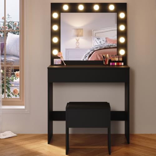 SONNI Große Schminktisch mit Hocker Spiegel 12 LED Frisiertisch 80x40x140cm | Frisiertisch mit Schubladen, 10 Einstellbarer Helligkeit, 3 Farben, Kosmetiktisch, Kommode für Frauen Schlafzimmer, Schwarz