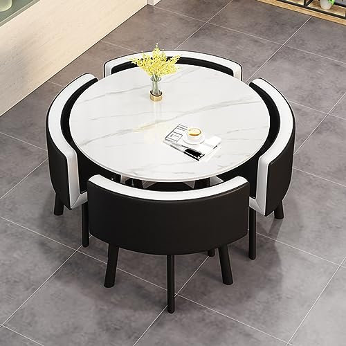 Runder Tisch-Set mit Stühlen, klein, platzsparend, Konferenztisch für Zuhause, Wohnzimmer, Balkon, Café, Pausenraum, Büro, Felsplatte, modernes Büromöbel-Set (Farbe: Schwarz)