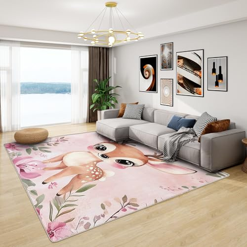 Teppich Kinderzimmer REH - Teppich Wohnzimmer Schlafzimmer Baby Waldtiere, Kleiner Teppich Mädchen REH Rosa, Weich Kurzflor & Waschbar & rutschfest Fussmatte Innen, Kinderteppich 80x150 cm
