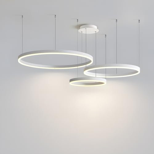 VanMe LED Hängeleuchte, Höhenverstellbar LED Kronleuchter Moderne Pendelleuchte Kreise Ringe Hängelampe, Dimmbare mit Fernbedienung, Deckenleuchte für Wohnzimmer Esszimmer(Bianco,3 Ring 20+40+60cm)