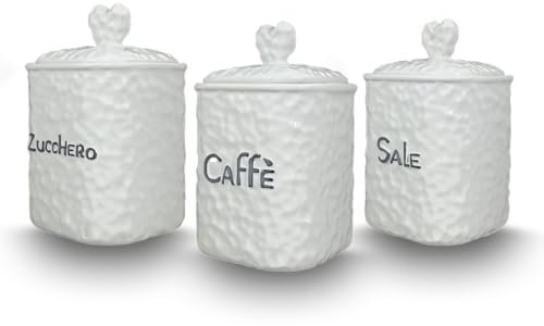 ARCA, Set 3 Barattoli per Sale, Zucchero e Caffè, Tris di Contenitori da Cucina in Ceramica Lavorata, Lavabili in Lavastoviglie, 10x15 cm, Fantasia Marble, Colore Bianco