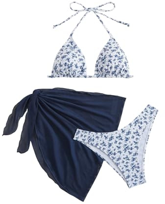 GORGLITTER Damen Bikini Set 3 Teiliger Neckholder Badeanzug Mit Cover Rock | Triangle Bikinitop, Sommer Bademode, Blumen Bikini, Strand Swimsuit Set, Für Urlaub Outfit