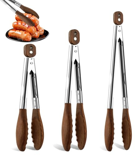 Wooden Tongs for Cooking Set of 3-7, 9, 12 inch Natural Walnut Kitchen Tongs with Stainless Steel, Heat Resistant Non-Scratch Utensils for Grilling, Serving, Salad, BBQ