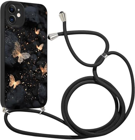 Krdvekm Handyband für iPhone 11 Hülle mit Band 6,1'', Aesthetic Schwarzer Schmetterling Muster Verstellbarer Halskette Handyhülle mit Kordel zum umhängen Silikon Stoßfest Schutzhülle mit Kette, 05