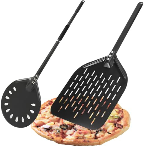 Pizzaschieber & Pizzawender Set, 2er Set Aluminium Pizzaschaufel, Perforierte Pizzaheber mit Komfortabler Griffe, für hausgemachte Pizza, 74 * 30cm Rechteckige & 78 * 17cm Runde (80cm)
