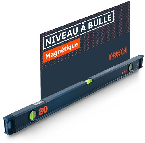 Presch Nivel Burbuja Magnético 80cm - Ampolla irrompible con pendiente 2% - Ventana de lectura vertical - Tapones antideslizantes innovadores - Superficie de medición precisa