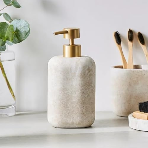 New Cream Marble Resin Soap Dispenser – Elegant 290ml Bathroom Accessory with Gold-Coloured Pump, Durable Resin Design M-18 (Soap Dispenser)