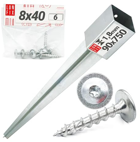 Support de Poteau 90x90mm galvanisé avec 6 vis 8×40 mm, support piquet clôture bois, poteau pour toile ombrage, piquet ancrage sol métal pour jardin, piquet de support, enfoncer stable, ancre