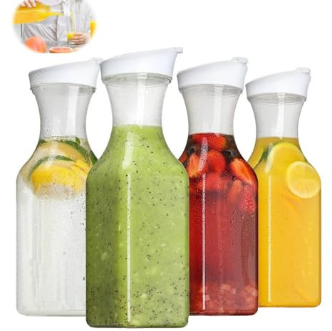 Wasserkaraffe Plastik, 4er Set 1L Kunststoff PET Wasserkrüge, Wasserkaraffe mit Deckel, Unzerbrechlicher Getränkekrug, Kunststoff Saftgetränkebehälter, Saftgetränkekrug, für Milch, Tee(Quadratisch)
