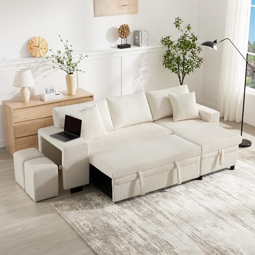 Gxffipw Sofa Ecksofa mit Schlaffunktion und Bettkasten, Sofa 3 Sitzer mit USB-Ladeanschluss und Kissen, Eckcouch Couch L Form mit Seitenablagen und Stauraum, Wohnlandschaft mit 2 Hocker, Beige, Cord