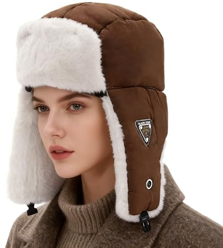 LY4U Herr och dam vinter trapper-hatt med öronlappar, vindtät termisk vintermössa för skidåkning, vandring, utomhusaktiviteter (passar 54–60 cm), BRUN, one size