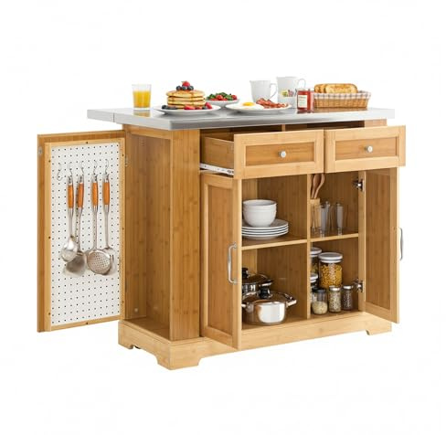SoBuy Isola Cucina su Ruote con Piano di Lavoro Estendibile, Mobiletto Salvaspazio, Carrello da Cucina con Ruote, con Due Cassetti e Ripiano Regolabile Naturale 107x(46–71) x92,5 cm FKW130-N