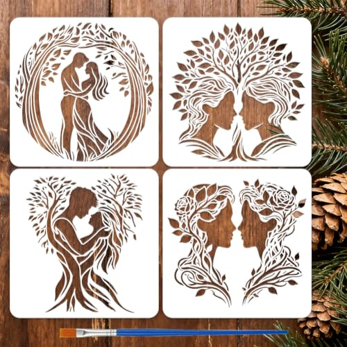 FINGERINSPIRE 4 Paar Schablone 30x30cm Liebhaber Baum Malschablone Wiederverwendbare Paar Und Baum Vorlagen Mit Einem Pinsel Für Hochzeitskunst DIY Leinwandmalerei Jahrestag Heim Wanddekoration