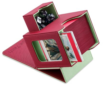Mage Tech Scatola porta carte per MTG Commander, design brevettato, display Commander, adatta a 100 carte a doppia manica, mattoncini e vassoio per dadi da 35 punti, rosso/verde