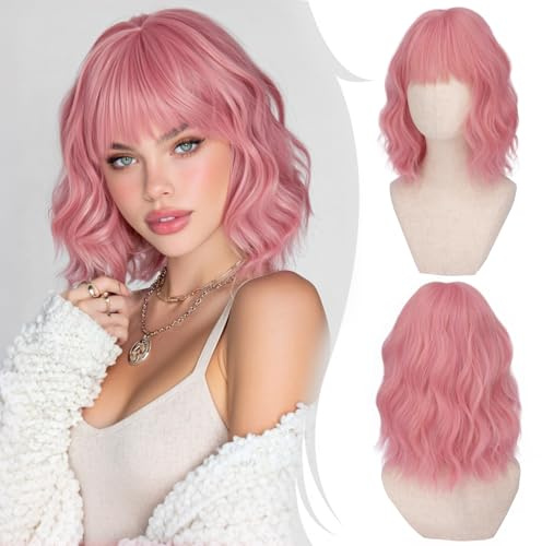 RUWISS Kort Bob peruk med vågig lugg, 35 cm peruk för kvinnor rosa vågiga lockiga peruker syntetisk kort peruk för cosplay fest användning