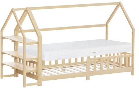 ML-Design Kinderbett Hausbett 90x200 cm mit Matratze H:16cm, Rausfallschutz, Regal, Dach, Lattenrost, Natur, Bettgestell aus Kiefernholz, Montessori Bodenbett, Jugendbett Holzbett für Mädchen & Jungen