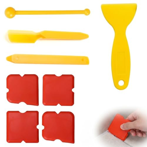 8 Pezzi Kit Spatola per Silicone e Strumenti per Calafataggio, Set Rimuovi Silicone con 4 Spatole, Raschietto per Fughe e Sfera per Giunti, Ideale per Sigillante Piastrelle e Vetro, Rosso/Giallo