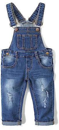 KIDSCOOL SPACE Monos de mezclilla para niña pequeña, pantalones delgados de mezclilla rasgados para niños pequeños, azul profundo, 5-6 años