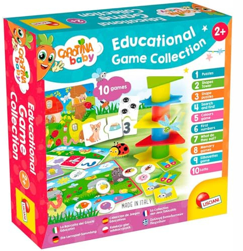 Lisciani - CAROTINA BABY - Colección de 10 Juegos Educativos para Niños desde 2 a 4 Años - Torre de Equilibrio, Rompecabezas, Memoria , Colores, Tombola y mucho màs - Kit de Juegos Completo
