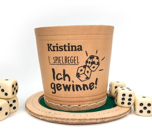 Diamandi Würfelbecher Set personalisiert mit Namen & Motiv Gravur | inkl. Würfel-Teller + 5 Würfel | echtes Leder