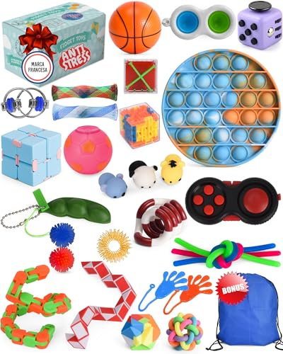 FrenchWay Fidget Toys Pack – Lot de Jouets Anti Stress pour Enfants et Adultes – Objets Satisfaisants pour Evacuer le Stress et Booster la Concentration – Pop It Balle Anti-Stress Main Collante Inclus