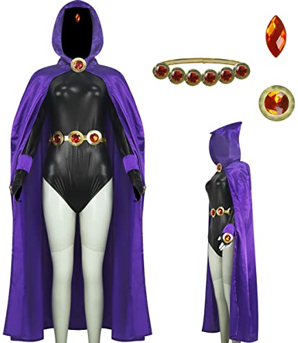 AYYOHON Raven-Kostüm Rachel Cosplay-Overall für Damen, violetter Umhang mit Edelstein, Taillengürtel, Kette, Strumpfhose, Zubehör, Größe XXL