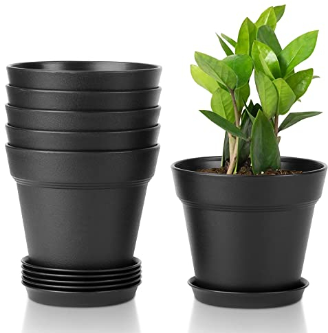 T4U 12,5cm Kunststoff Blumentopf mit Untersetzer, 6er-Set Plastik Übertopf Kräutertopf mit Mehrere Ablauflöchern, Rund Pflanzkübel für Innen und Balkon Sukkulenten Kaktus, Schwarz