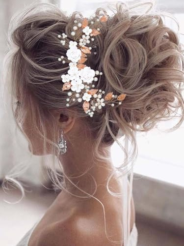 Vakkery Blume Braut Hochzeit Haar Rebe Perle Haarschmuck Braut Stirnband Kopfschmuck für Frauen und Mädchen (Roségold)