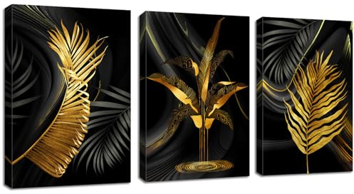 3 Teilig Goldenes Blatt Leinwandbilder Bilder Abstrakt Palmblatt Farn botanisch Blätter bild auf leinwand Wandkunst Modern Wandbilder Kunstdruck Deko für Wohnzimmer Schlafzimmer 90x40cm(30x40x3)