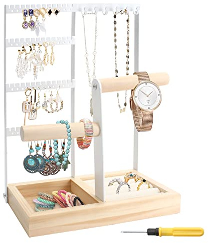 NAEBRO Expositor de Joyas con Bandeja, Soporte para Joyas de Madera Soporte de Exhibición de Pendientes Estante de Joyas para Collares, Pendientes, Anillos, Relojes y Pulseras