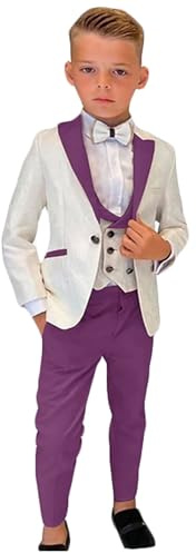 Ledare av skönhetskostymer för pojkar set 3 delar passar för pojke byxa kostym set bröllopssida pojke fest bal formell outfit, Kungslila, 6 år