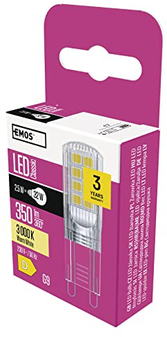 EMOS Lampadina LED G9, 2,5 W, ricambio per lampadina da 32 W, pin JC, luminosità 350 lm, luce bianca calda 3000 Kelvin, durata 30000 h
