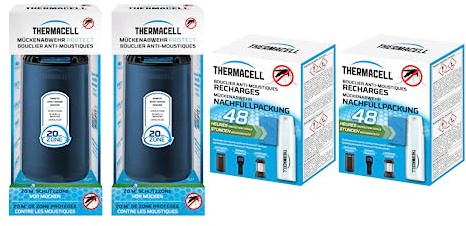 Thermacell - Pack Familial | 2 Diffuseurs Bleu + 2 Recharge 48h | Jusqu'à 96h d'utilisation | Anti Moustique et Moustique Tigres | Zone de Protection 20m² | Effet Rapide | Inodore | Bleu