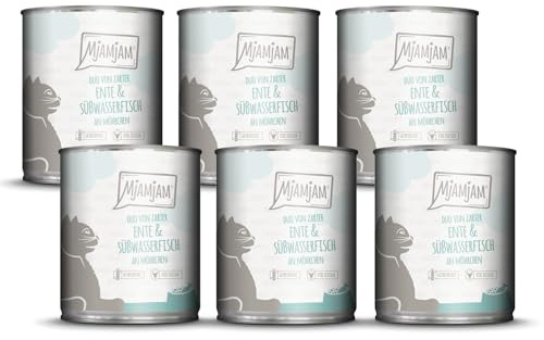 MjAMjAM - Premium Nassfutter für Katzen - DUO von zarter Ente & Süßwasserfisch an Möhrchen, 6er Pack (6 x 800g), getreidefrei mit extra viel Fleisch
